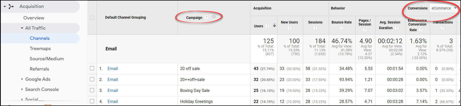 Google Analytics Acquisition Report w Campaign