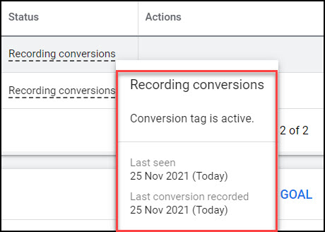 Conversions table last seen Google Ads Conversions table - hover to see Recording Conversions