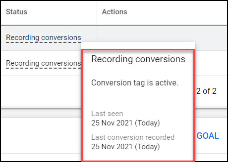 Google Ads Conversions table - hover to see Recording Conversions