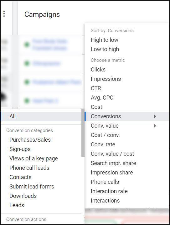 Google Ads campaign conversions metrics