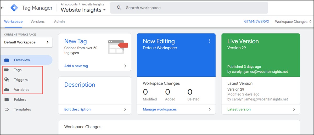 GTM screenshot with menu highlighted 1200 Google Tag Manager home screen